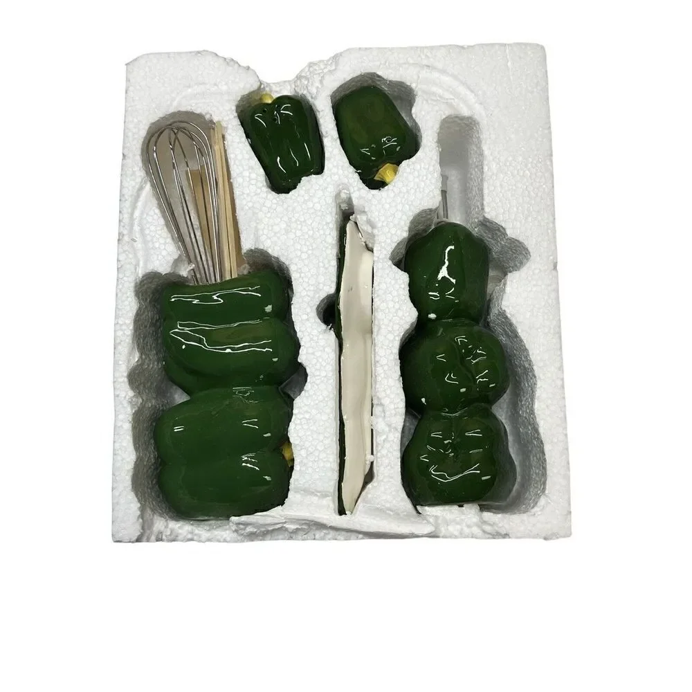 Vintage Four Piece Ceramic Green Pepper Condiment Kitchen Set in Original Box